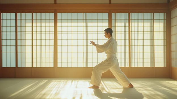 Calm, focused Asian young man practicing martial arts, karate in gym, soft natural light in the background