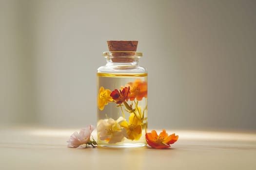 Wellness, aromatherapy beauty session, spa, glass bottle, aroma essential oil, flower petals. Spring fresh smell.