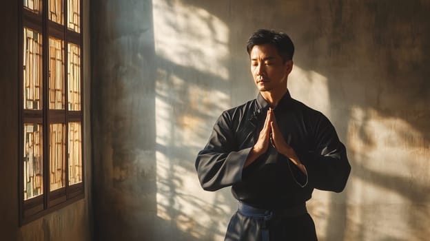 Calm, focused Asian young man practicing martial arts, karate in gym, soft sunny light in the background