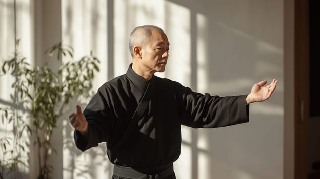 Calm, focused Asian mature man practicing martial arts, karate in gym, soft sunny light in the background