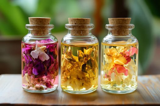 Wellness, aromatherapy beauty session, spa, glass bottle, aroma essential oil, flower petals. Spring fresh smell.