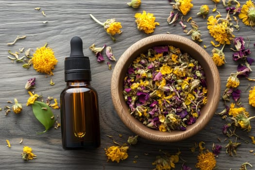Wellness, aromatherapy beauty session, spa, glass bottle, aroma essential oil, flower petals, wooden bamboo bowl. Spring fresh smell.