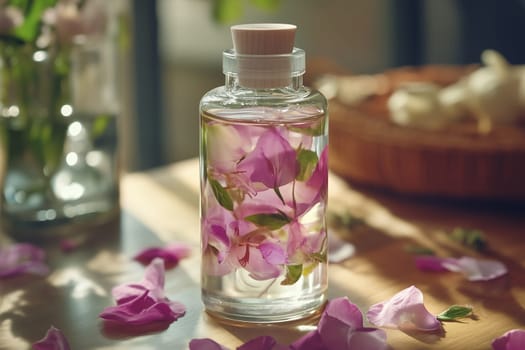 Wellness, aromatherapy beauty session, spa, glass bottle, aroma essential oil, flower petals. Spring fresh smell.