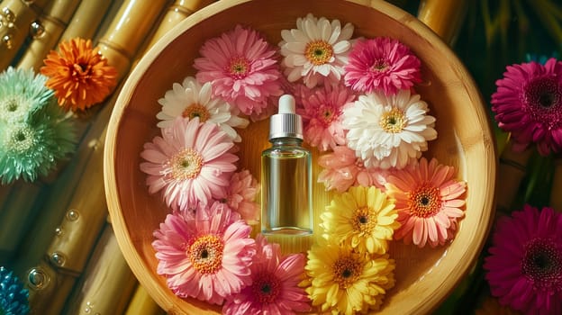 Wellness, aromatherapy beauty session, spa, glass bottle, aroma essential oil, flower petals, wooden bamboo bowl. Spring fresh smell.