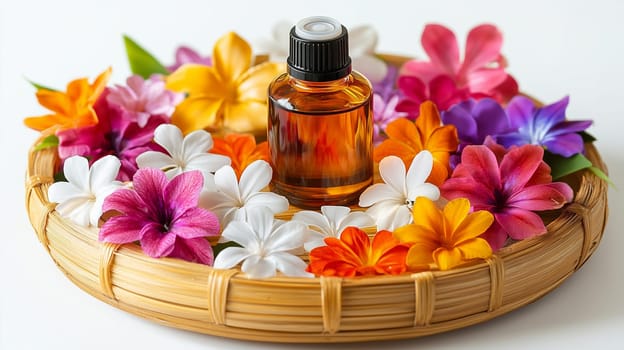 Wellness, aromatherapy beauty session, spa, glass bottle, aroma essential oil, flower petals, wooden bamboo bowl. Spring fresh smell.