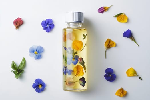 Wellness, aromatherapy beauty session, spa, glass bottle, aroma essential oil, flower petals. Spring fresh smell.