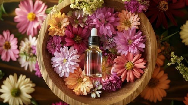 Wellness, aromatherapy beauty session, spa, glass bottle, aroma essential oil, flower petals, wooden bamboo bowl. Spring fresh smell.