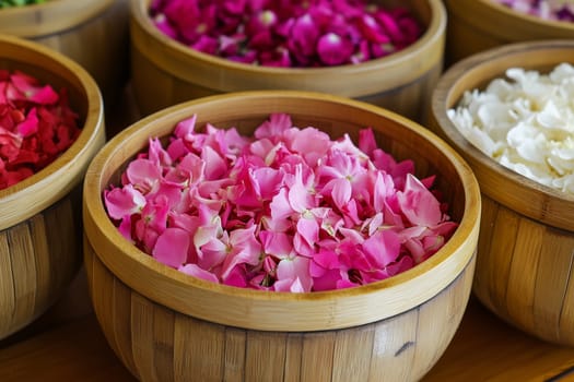 Wellness, aromatherapy beauty session, spa, aroma essential oil, flower petals, wooden bamboo bowl. Spring fresh smell