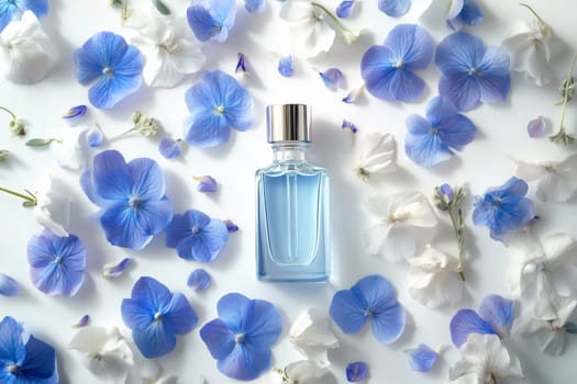 Wellness, aromatherapy beauty session, spa, glass bottle, aroma essential oil, flower petals. Spring fresh smell.