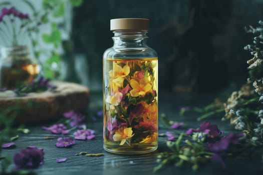 Wellness, aromatherapy beauty session, spa, glass bottle, aroma essential oil, flower petals. Spring fresh smell.