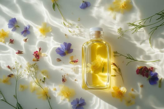Wellness, aromatherapy beauty session, spa, glass bottle, aroma essential oil, flower petals. Spring fresh smell.