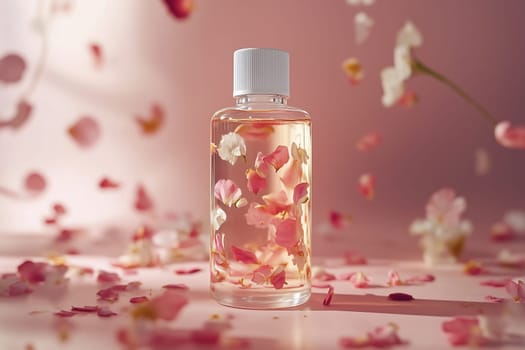 Wellness, aromatherapy beauty session, spa, glass bottle, aroma essential oil, flower petals. Spring fresh smell.