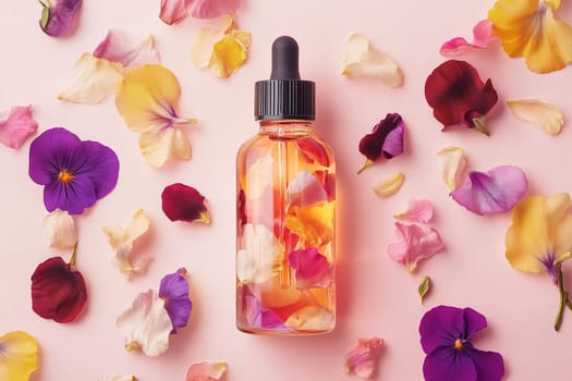 Wellness, aromatherapy beauty session, spa, glass bottle, aroma essential oil, flower petals. Spring fresh smell.