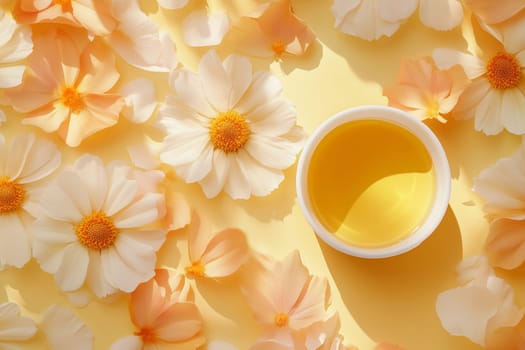 Wellness, aromatherapy beauty session, spa, glass bottle, aroma essential oil, flower petals, bowl. Spring fresh smell.