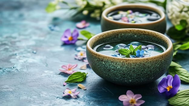 Wellness, aromatherapy beauty session, spa, aroma essential oil, flower petals, bowl. Spring fresh smell