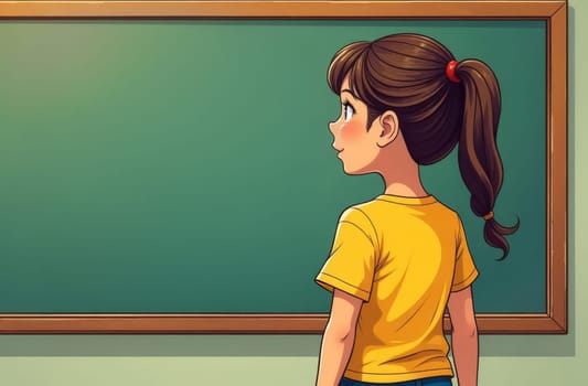 A girl at school stands near the green blackboard Back to school