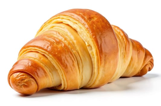 Appetizing golden croissant close-up on a white background. Pastries for morning breakfast or snack.