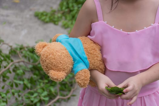 Asia girl child cute hug teddy bear doll and green leaves in her hand