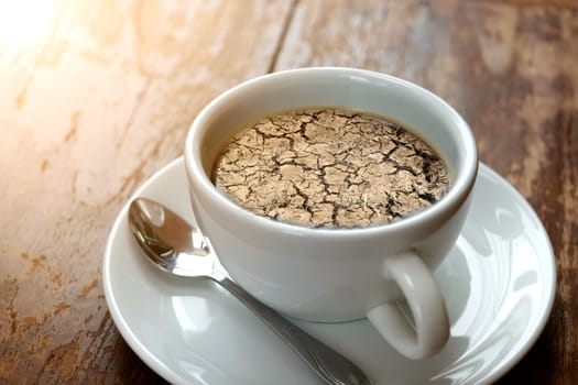 Dry cracked land soil in summer no rain reflection on coffee , process in vintage style