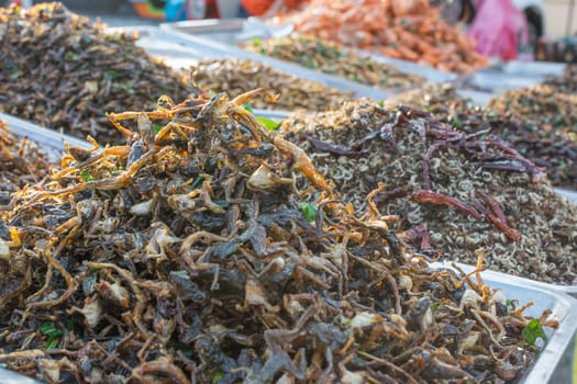 Fried insects various types is the food is easy to find in Thailand.