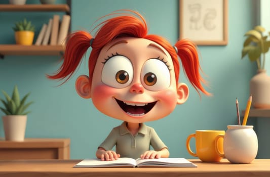 Red-haired cartoon girl with two ponytails sits at her desk at school and does her homework