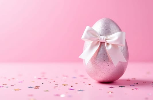 Shiny pink Easter egg with a white bow on a pastel pink background. The atmosphere of Easter and spring mood.