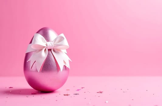 Shiny pink Easter egg with a white bow on a pastel pink background. The atmosphere of Easter and spring mood.