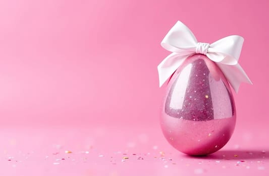 Shiny pink Easter egg with a white bow on a pastel pink background. The atmosphere of Easter and spring mood.