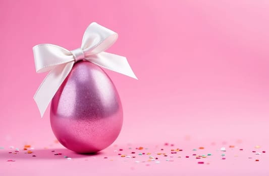 Shiny pink Easter egg with a white bow on a pastel pink background. The atmosphere of Easter and spring mood.