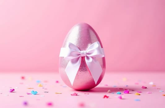 Shiny pink Easter egg with a white bow on a pastel pink background. The atmosphere of Easter and spring mood.