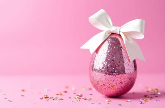 Shiny pink Easter egg with a white bow on a pastel pink background. The atmosphere of Easter and spring mood.
