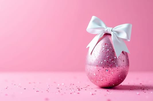 Shiny pink Easter egg with a white bow on a pastel pink background. The atmosphere of Easter and spring mood.