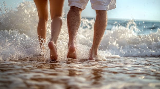 Rear view of a couple in love walking along the beach on their honeymoon. Back view of the legs of a man and a woman whose feet are washed by the ocean. High quality photo