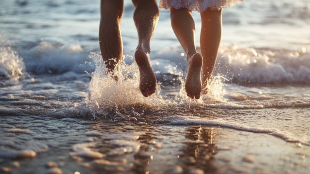 Rear view of a couple in love walking along the beach on their honeymoon. Back view of the legs of a man and a woman whose feet are washed by the ocean. High quality photo