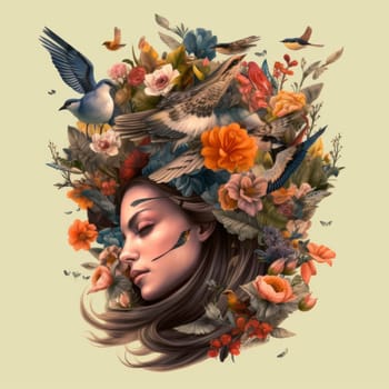 The woman's head is surrounded by flowers. Flowers grow from the girl's head. High quality photo
