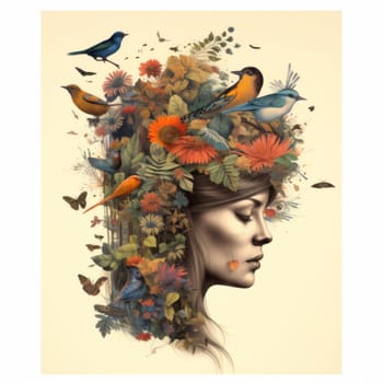 The woman's head is surrounded by flowers. Flowers grow from the girl's head. High quality photo