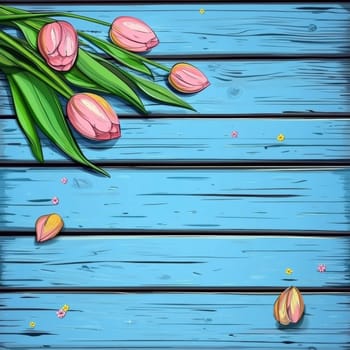 Yellow and red tulips lie on a blue background that has a wood texture. High quality photo