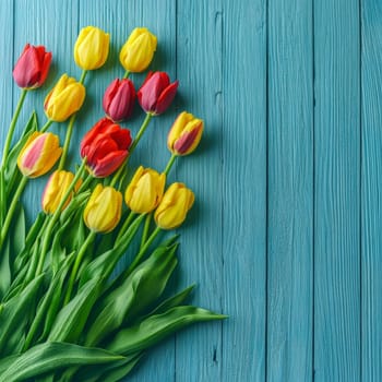 Yellow and red tulips lie on a blue background that has a wood texture. High quality photo