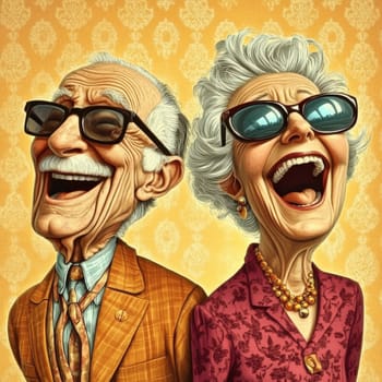 Joyful elderly couple in sunglasses. Grandma and Grandpa laughing merrily. High quality photo