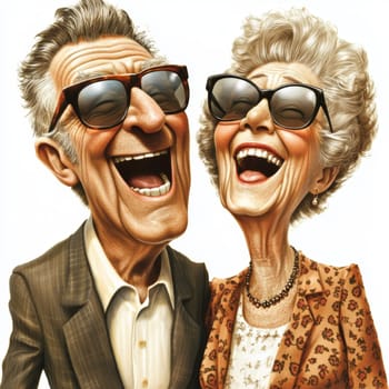 Joyful elderly couple in sunglasses. Grandma and Grandpa laughing merrily. High quality photo