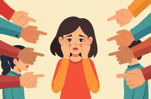 The woman covers her face with her hands from aggression of colleagues, ridicule, harassment. Burnout