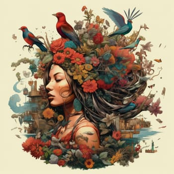 The woman's head is surrounded by flowers. Flowers grow from the girl's head. High quality photo