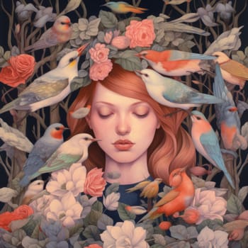 The woman's head is surrounded by flowers. Flowers grow from the girl's head. High quality photo