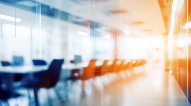 Bright natural light fills a contemporary office space, creating a warm atmosphere with several conference tables and chairs arranged in a stylish layout - Generative AI