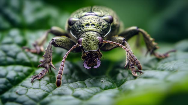 Small green insect is observed resting on a green leaf, showcasing its detailed anatomy. The environment is lush, exemplifying the beauty of nature and the diversity of insect life - Generative AI