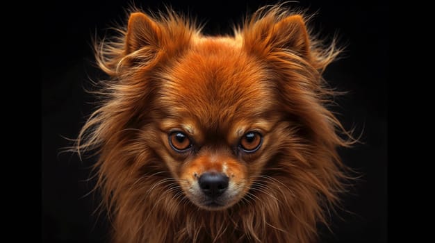 Charming brown spitz dog with expressive eyes poses against a dark background showcasing its fluffy fur - Generative AI