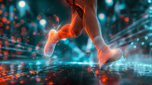 A runner sprints down a slick urban street, surrounded by vibrant lights and reflections, creating an energetic nighttime atmosphere - Generative AI