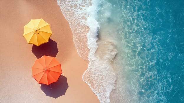 aerial view of two vibrant umbrellas, one yellow and one orange, stand on a sandy beach where gentle waves lap at the shore under a clear blue sky - Summer holidays - Generative AI
