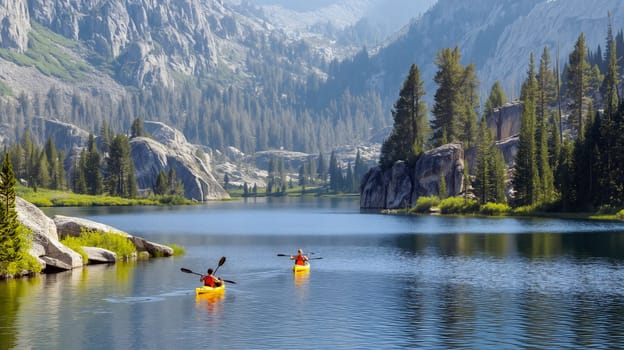 Two kayakers navigate a calm lake, framed by towering mountains and dense trees under a clear blue sky, enjoying a peaceful outdoor adventure - Generative AI