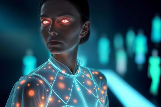 A futuristic cybernetic woman with glowing eyes and a high-tech illuminated suit. The sci-fi setting with neon lights and an artificial intelligence theme creates a visionary and digital atmosphere